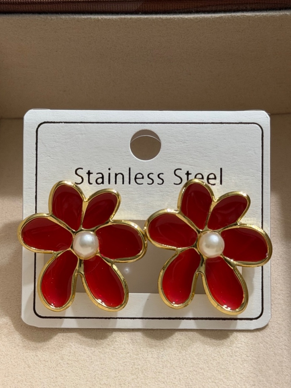 Vintage Golden Red Stainless Steel Enamel 6-Petal Irregular Flower Earrings